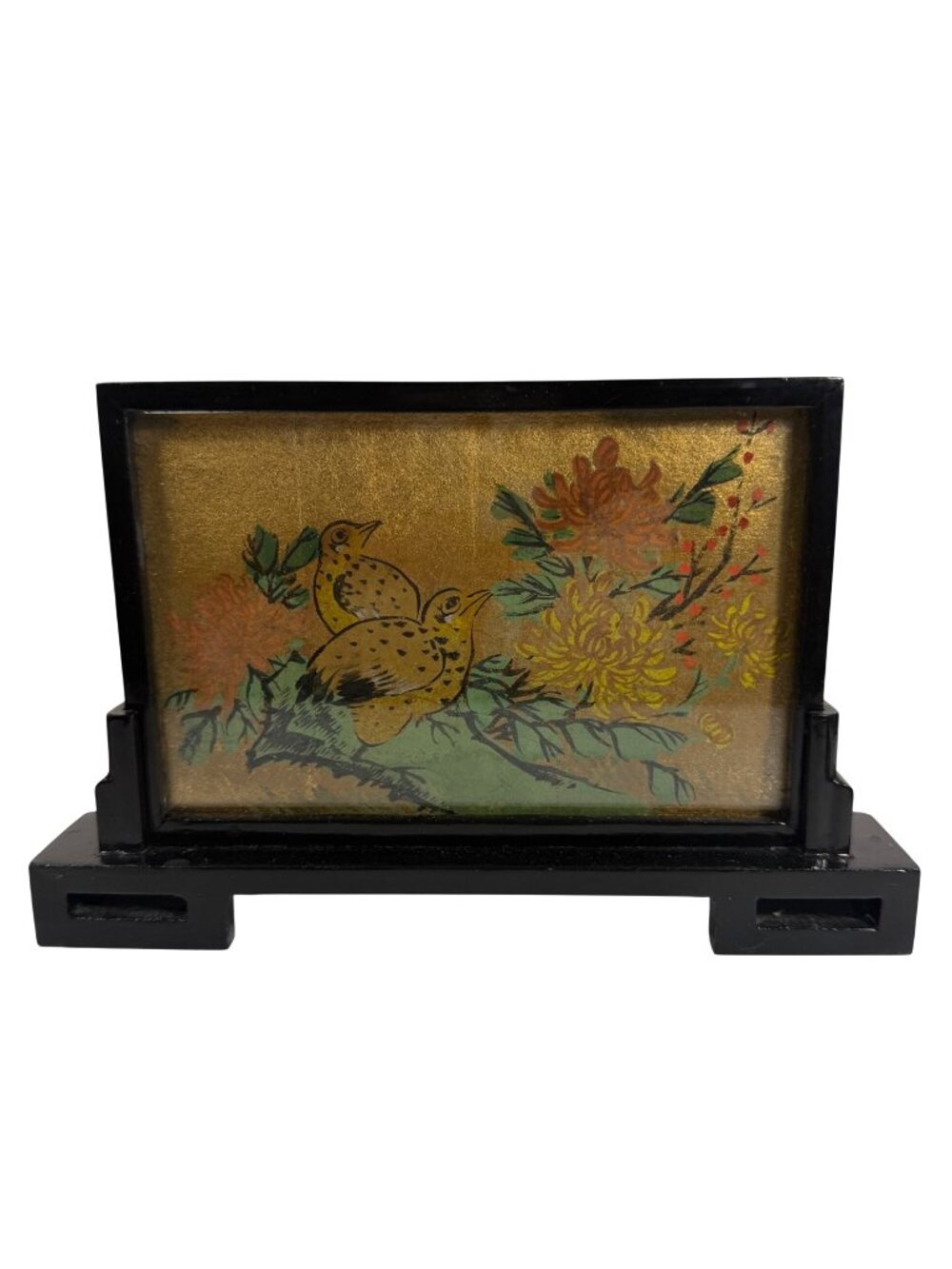 VTG Japanese Hand Painted Floral Birds Village Mountain Table Screen Dbl. Sided